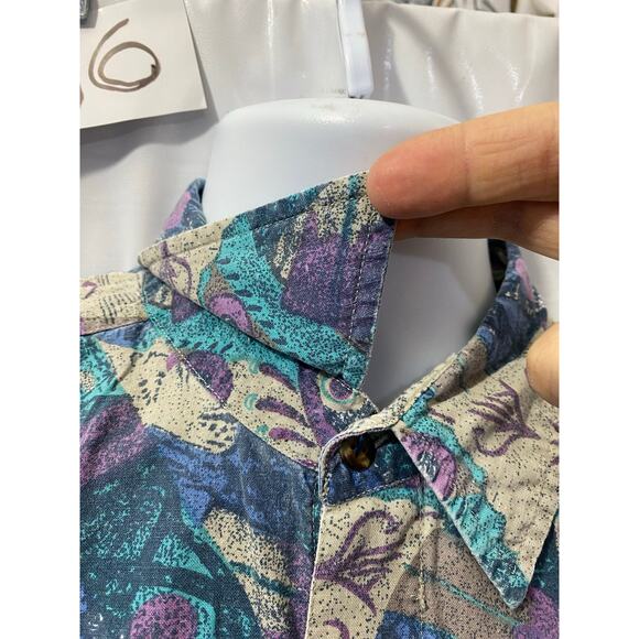 Permit Brand Shirt Mens L Blue Button Up Geometric Surf Cotton Relax 90s VTG - Picture 10 of 14